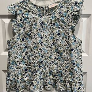 Solitaire Blue and Green Floral Blouse with Ruffled Cap Sleeves